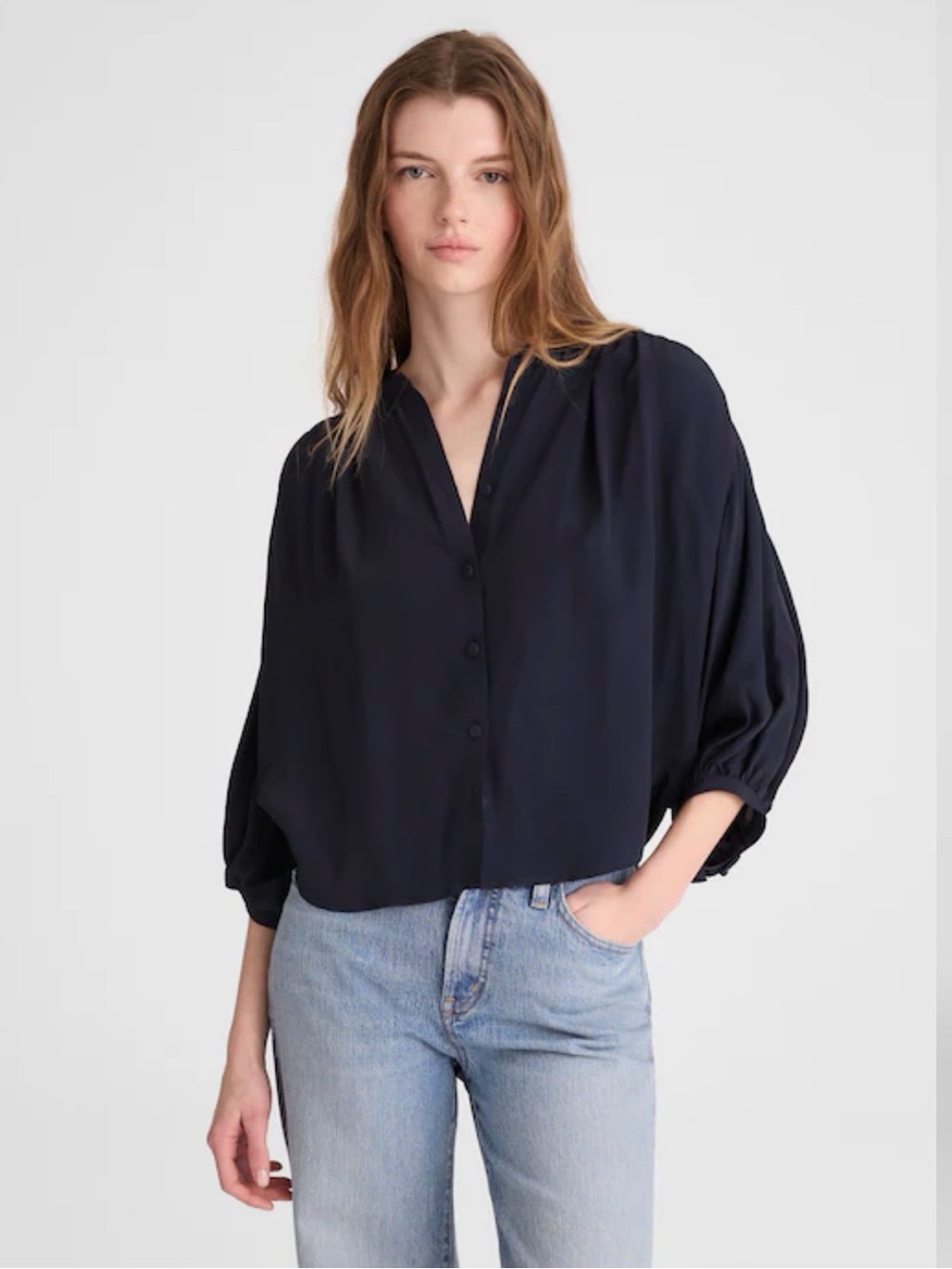 NWT Madewell Shirred Crewneck Button-Up Top